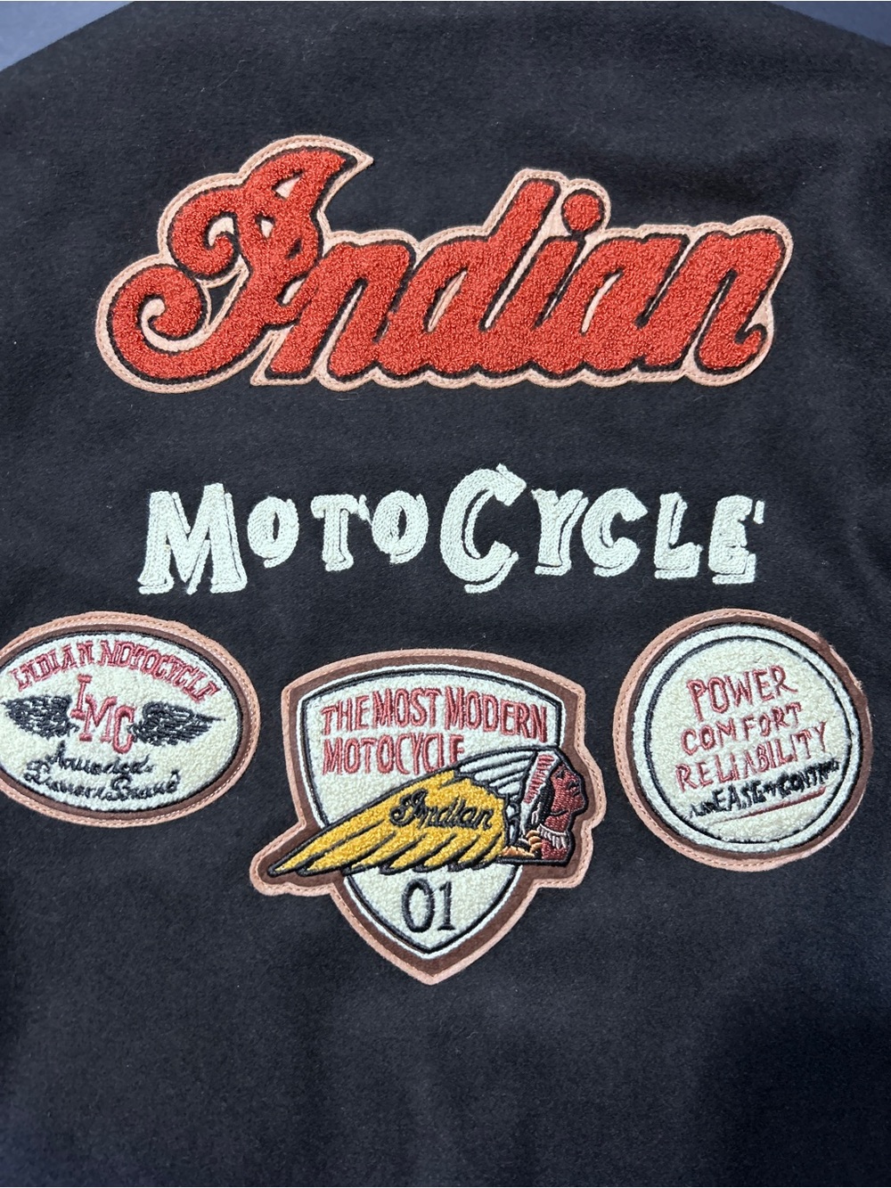Vintage Indian Motorcycle Leather Sleeve Varsity Bomber Jacket Black L Patches - Picture 13 of 16